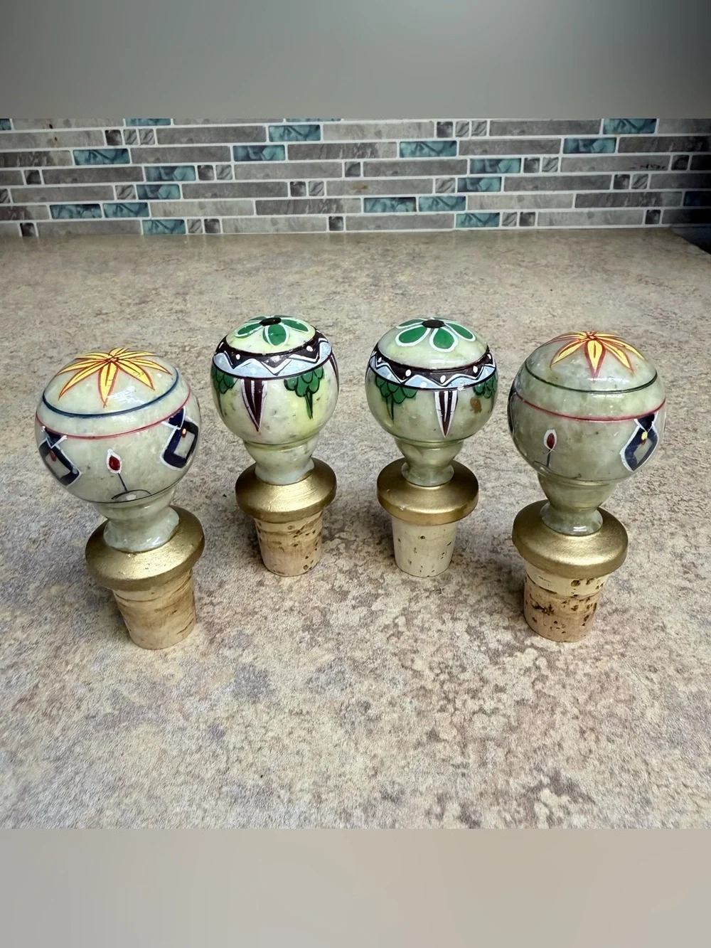 Pier1 Imports 3” Hand Painted Stone Bottle Stoppers Set of Four
